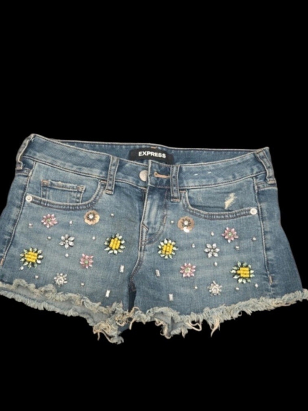 Express Denim Shorts with Yellow, Pink and White Beaded Flowers